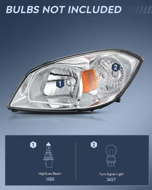2005-2010 Chevy Cobalt 2005-2009 Pontiac Headlight Assembly Chrome Housing Amber Reflector Lens Nilight