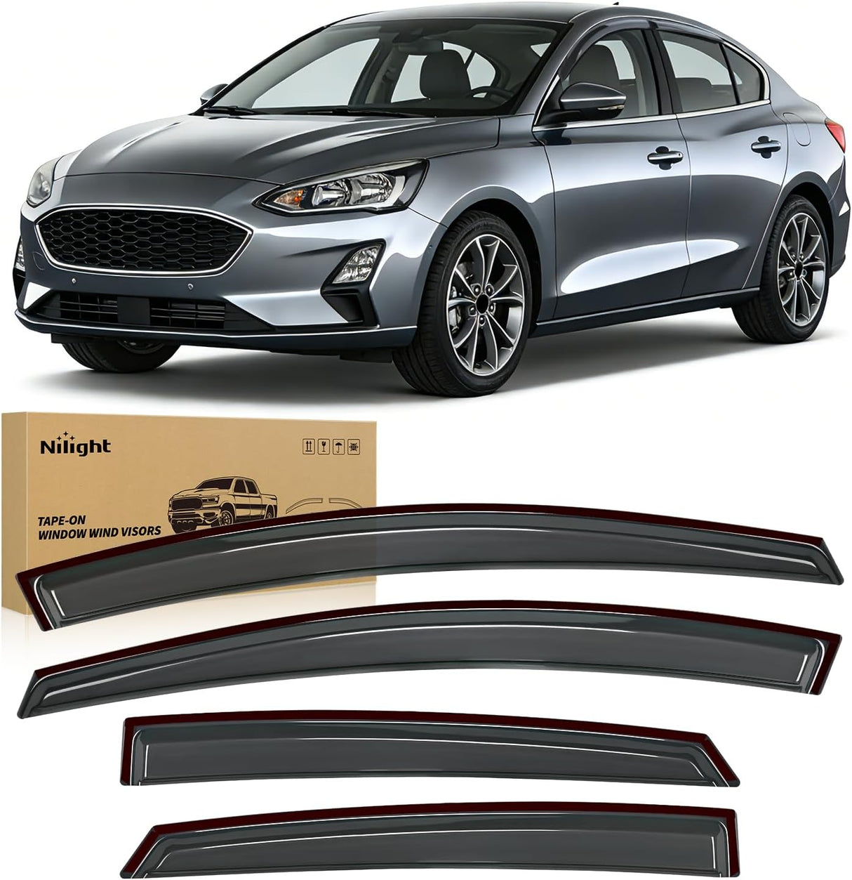 Window Rain Guards for Ford Focus Sedan 2012-2018, NOT for Hatchback Models, Tape-On Wind Deflectors Vent Visors, Smoke Sun Rain Guard, 4PCS