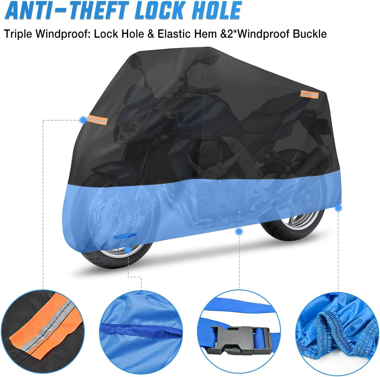 Motorcycle Cover with Lock-Hole Storage Bag & Protective Reflective Strip Fits up to 108 Inch Nilight