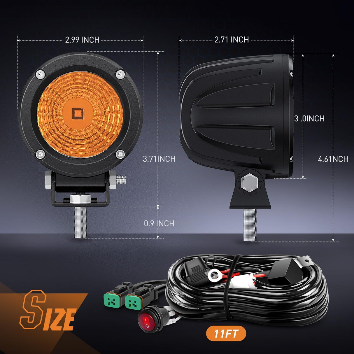 Amber LED Light Pods 2 PCS 3 Inch Flood Round Offroad Driving Auxiliary Fog Lights Built-in EMC w/18AWG DT Wiring Harness Kit for Motorcycle SUV ATV Truck Boat