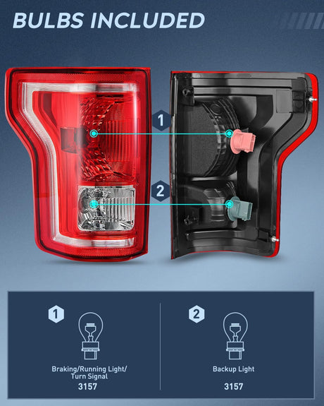 2015-2017 Ford F150 Taillight Assembly Rear Lamp Replacement OE Style Red Housing with Bulbs and Harness Driver Side Nilight