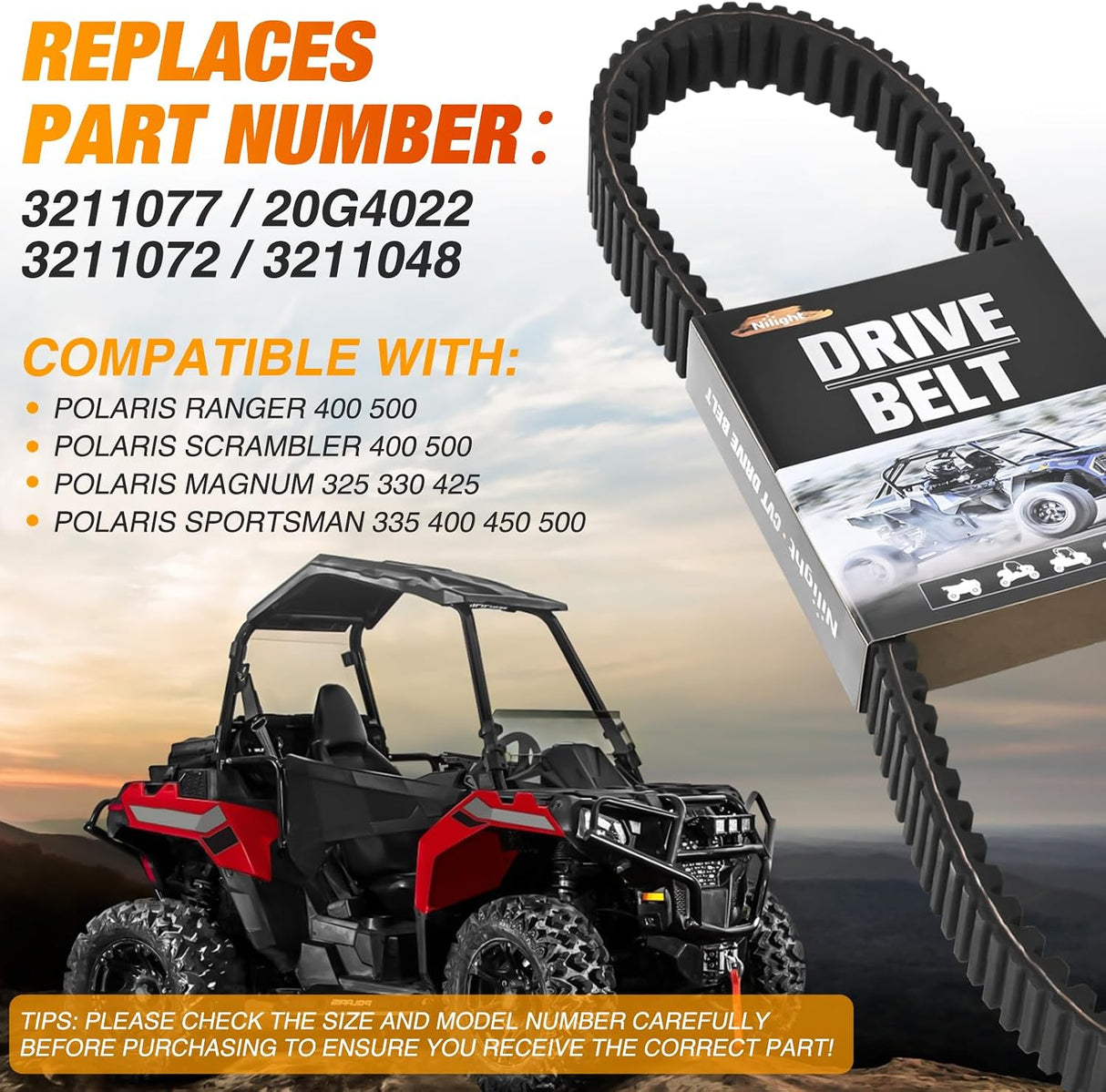 Drive Belt 3211072 3211077 Performance ATV CVT Belts Compatible with Polaris Sportsman 400 450 500 Scrambler Magnum Ranger 500 XP 875 Xplorer 4x4 Aramid Belt Replaces 20G4022 3211048, 1 Pack