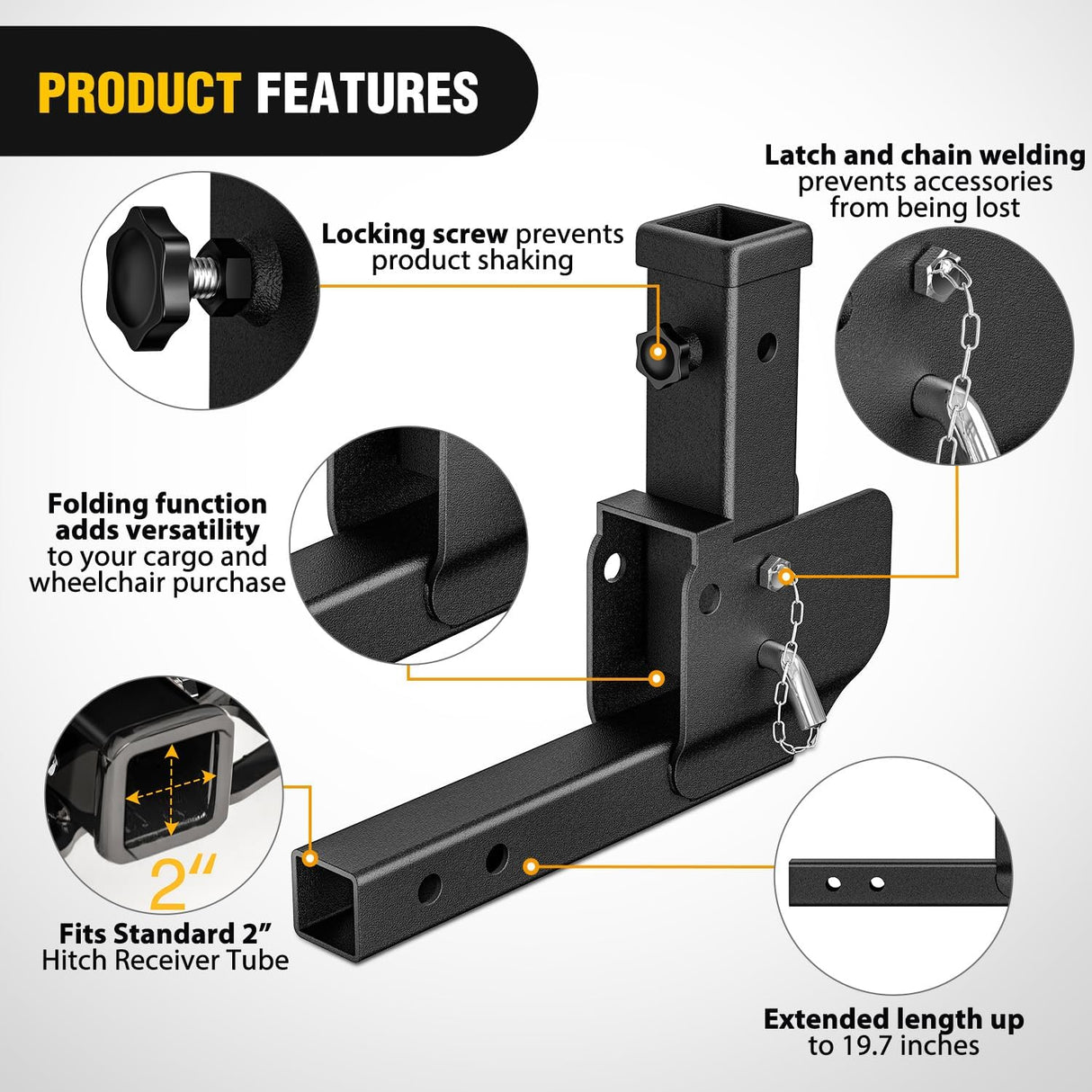 Trailer Hitch Folding Extender Mount Shank 16.54 Inch Compatible with Wheelchair Cargo Carrier Adapter for 2 Inch Receiver Trailer Hitch 500lbs Black Powder Coated