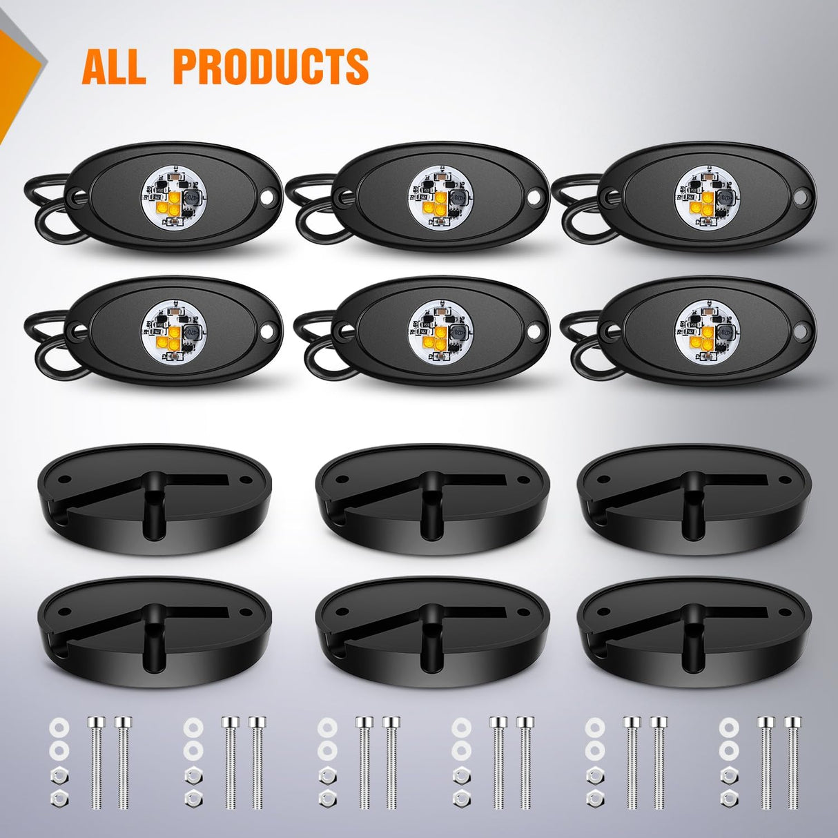 LED Rock Light 6PCS Amber Underglow Wheel Well Fender Pods Waterproof Exterior Underbody Roof Rack Side Lamps for 12V 24V Car Truck Pickups ATV UTV SUV Motorcycle Boat
