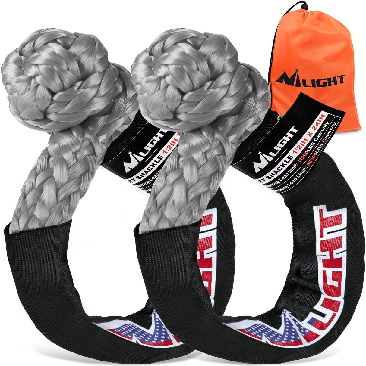 2PCS Synthetic Soft Shackles 1/2 Inch x 24 Inch 56,000 LBS Breaking Strength with Extra Sleeves Heavy Duty Recovery Rope for Sailing SUV Off-Road Towing ATV UTV Trucks 4x4 (Gray)