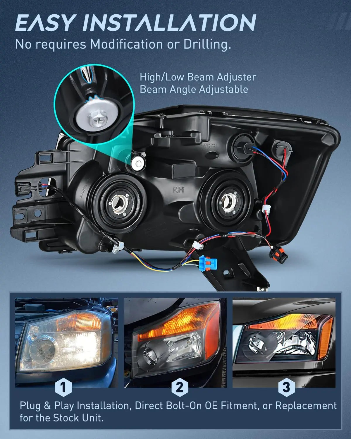 Headlight Assembly Headlight Assembly Black Case Amber Reflector 2004-2015 Titan 2005-2007 Armada 2004 Pathfinder Armada (Pair)