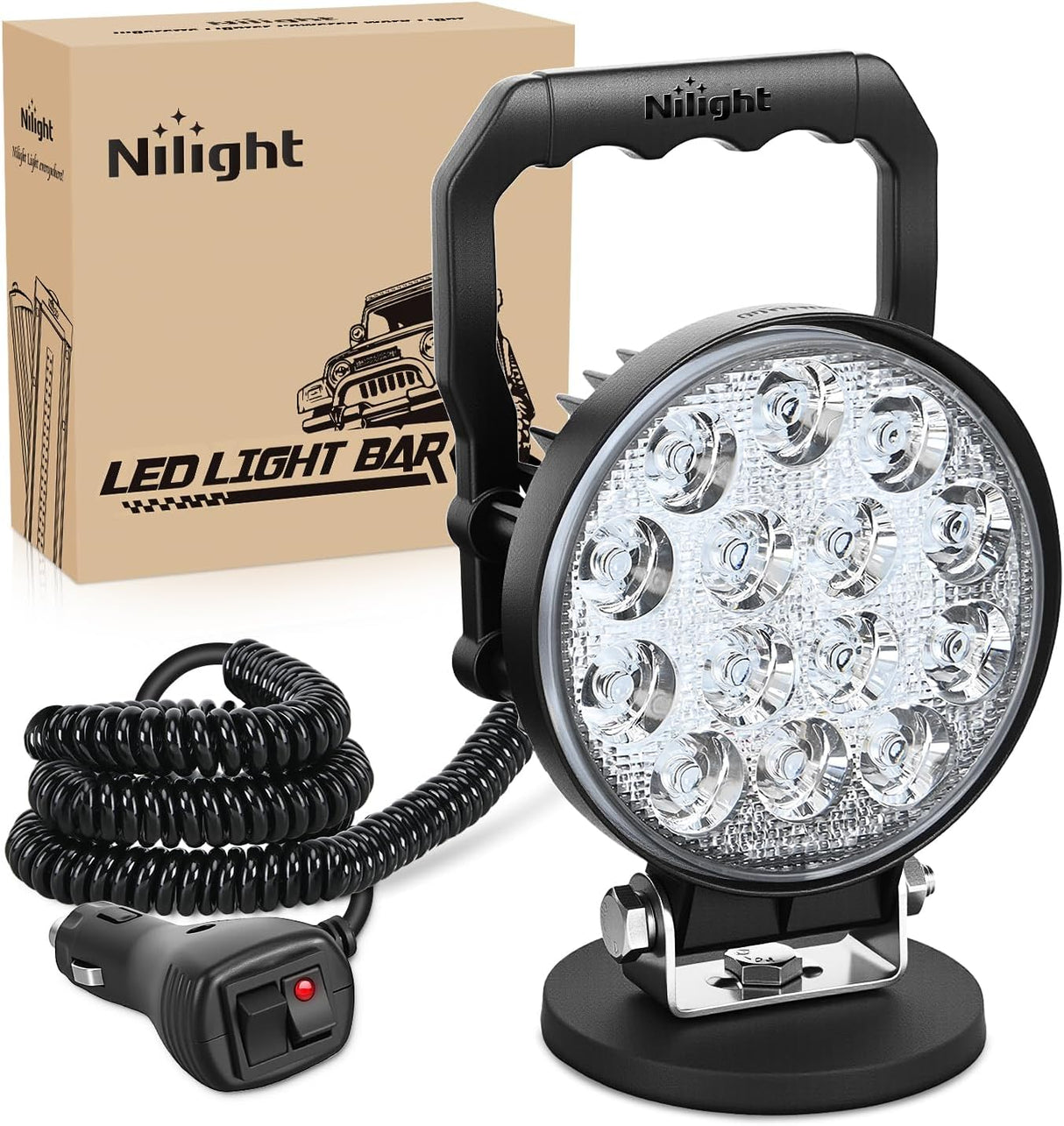 LED Light Bar 4.5Inch 42W Round Portable Flood Pod Cigarette Lighter Powered with Wiring Magnetic Base 14LEDs Fog Driving Work Roof Bumper Lights for Truck Tractor Golf Cart UTV