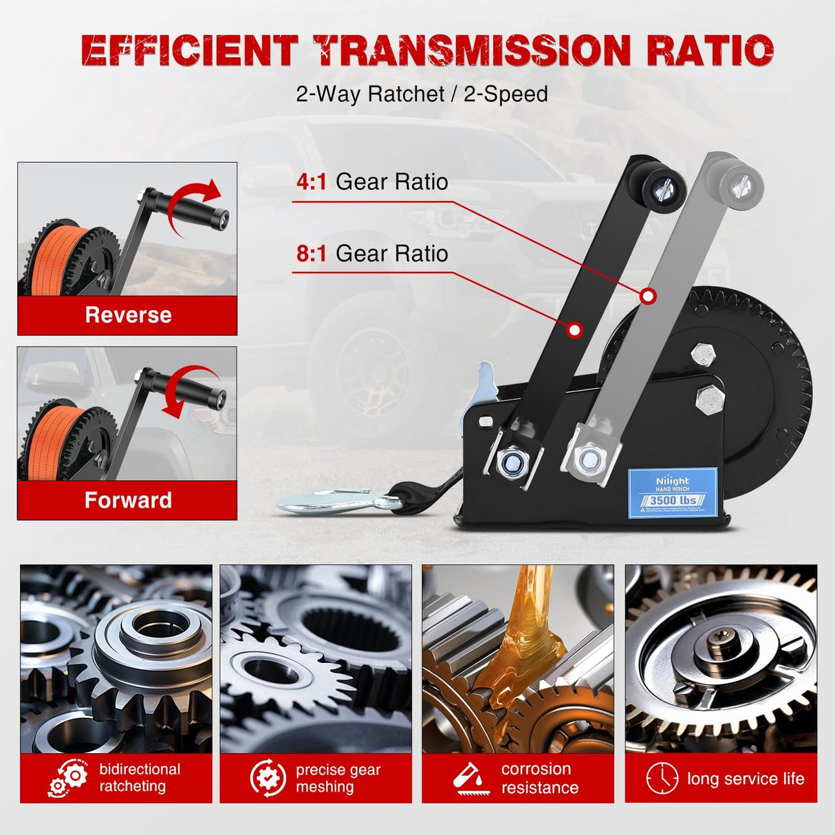 Boat Trailer Winch 3500 LBS Hand Crank Winch Heavy Duty Boat Winches with 33 FT Orange Strap Rope Hook Two Way Ratchet 4:1 8:1 Gear Portable Marine Manual Winch for Trailers Boat RV ATV Towing