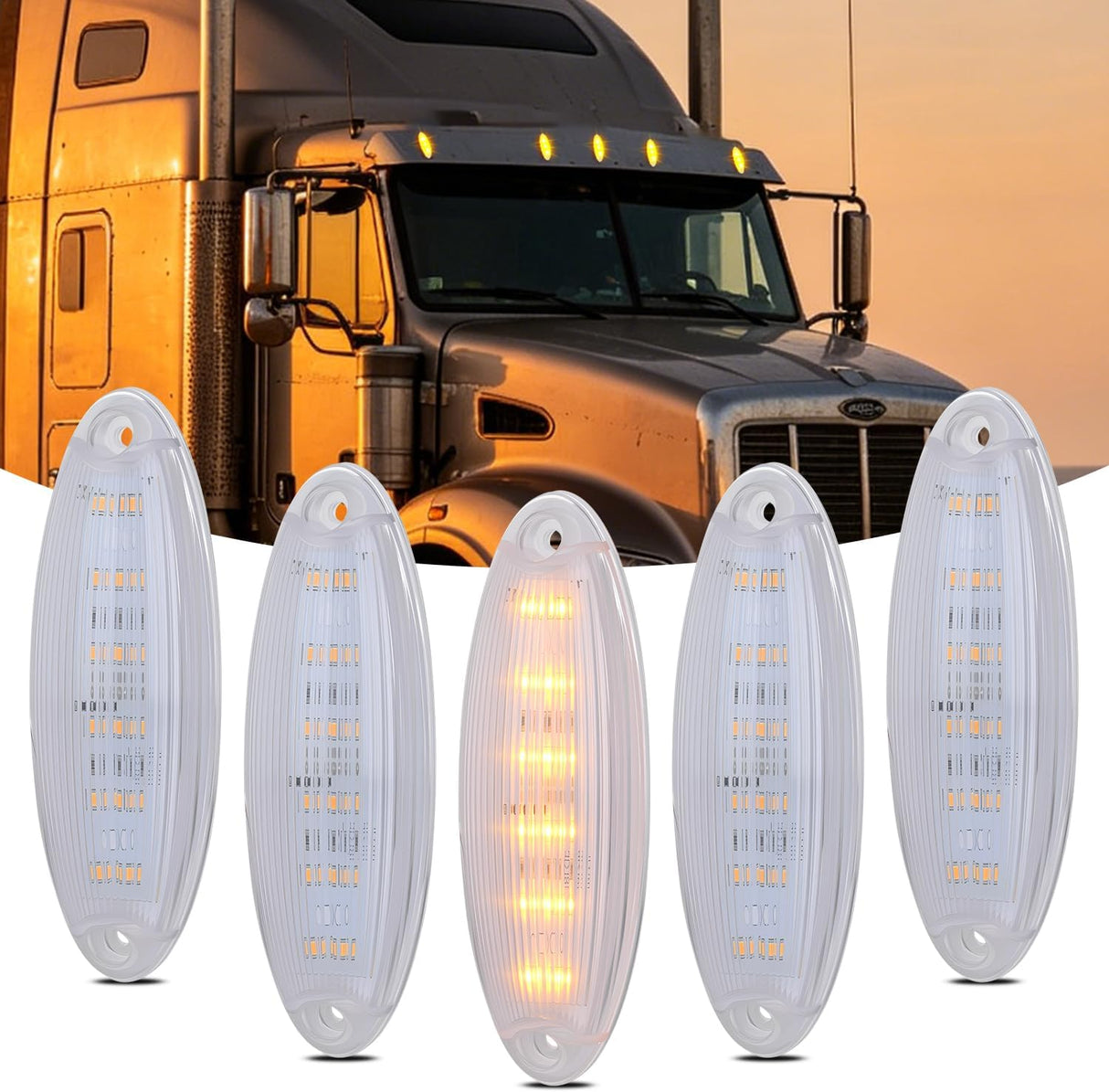 5 Inch Amber Cab Marker Light Clear Lens Fits Freightliner Cascadia | Top Roof Marker Light 12LED IP67 Waterproof 12V Hardwired ,2008-2019 Replacement Fits Most Semi Trucks, 5 Pack