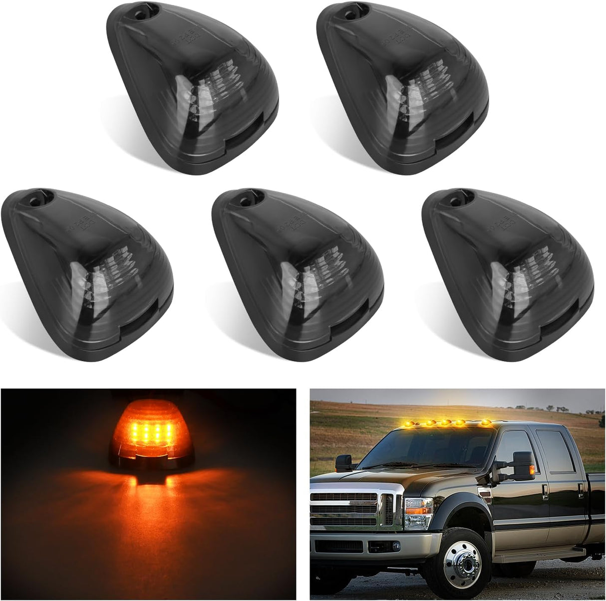 LED Cab Marker Lights 5 PCS 16 LED Smoke Lens Amber Clearance Roof Running Light Compatible with 1999-2016 Ford E150 E250 E350 E450 E550 F150 F250 F350 F450 F550 Super duty