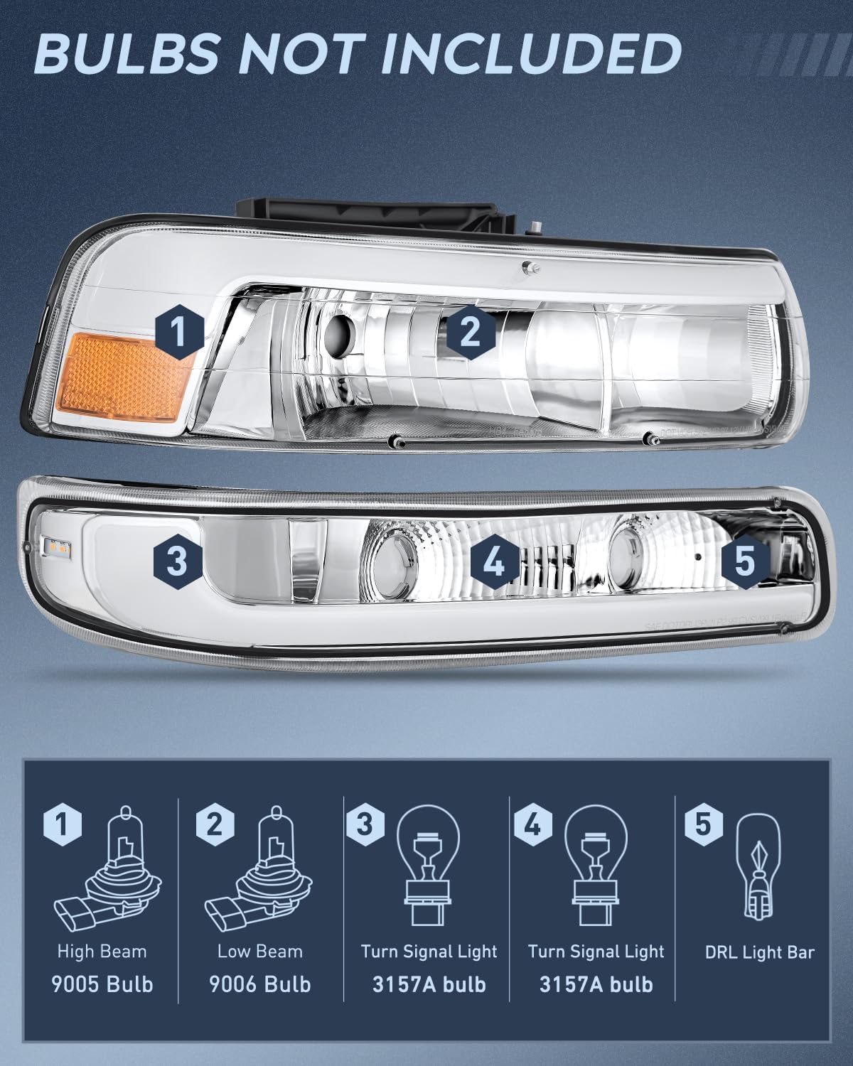 LED DRL Headlight Assembly for 1999 2000 2001 2002 Chevy Silverado 1500 1500HD 2500 2500HD 3500 Chevrolet Tahoe Suburban Replacement Headlamp Clean Lens Chrome Housing Amber Bumper Lights Set