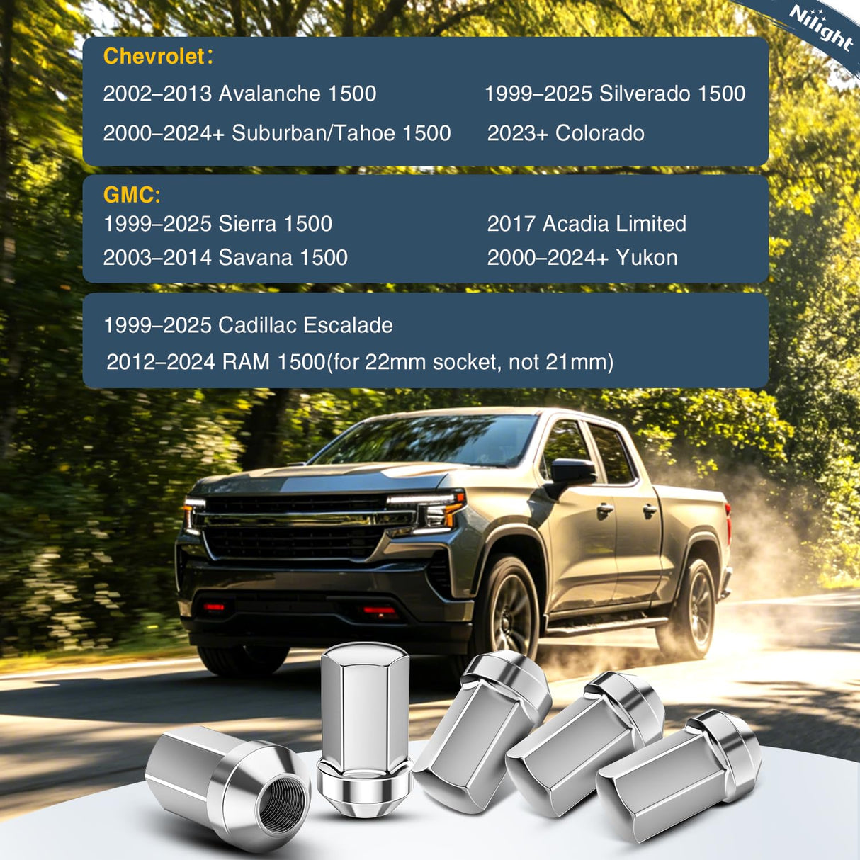 24PCS M14x1.5 Lug Nut One-Piece Compatible with 2012-2024 RAM 1500 | for 2000-2024+ Suburban/Tahoe/Yukon/Escalade 1999-2025 Silverado/Sierra 1500 Solid Chrome Steel OEM Factory Wheel Nut Replace