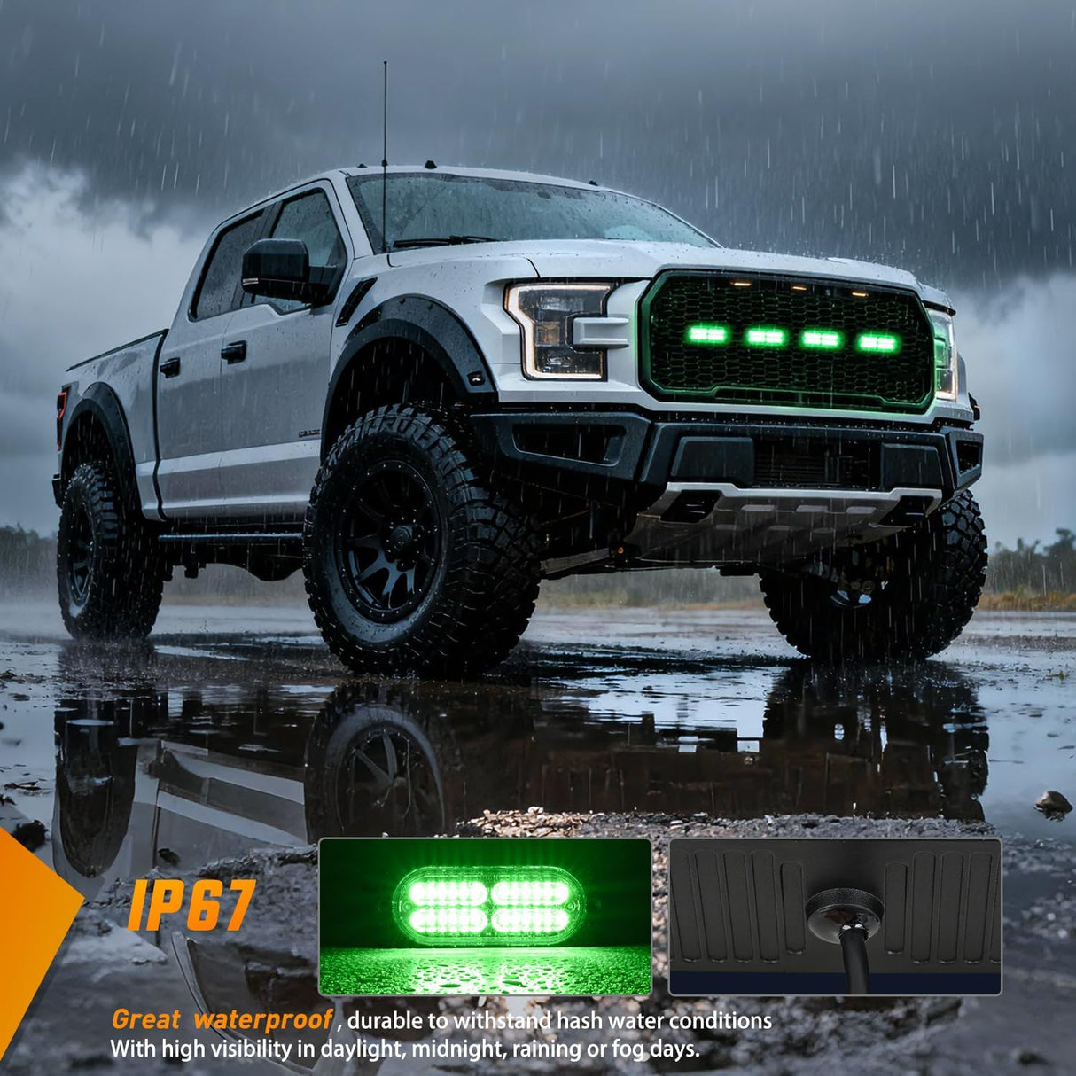 4PCS 24LED Emergency Strobe lights 12V 24V Green Surface Mount Grille Hazard Safety Warning Light Sync Feature Side Flashing Marker Flash for Car Truck Campers