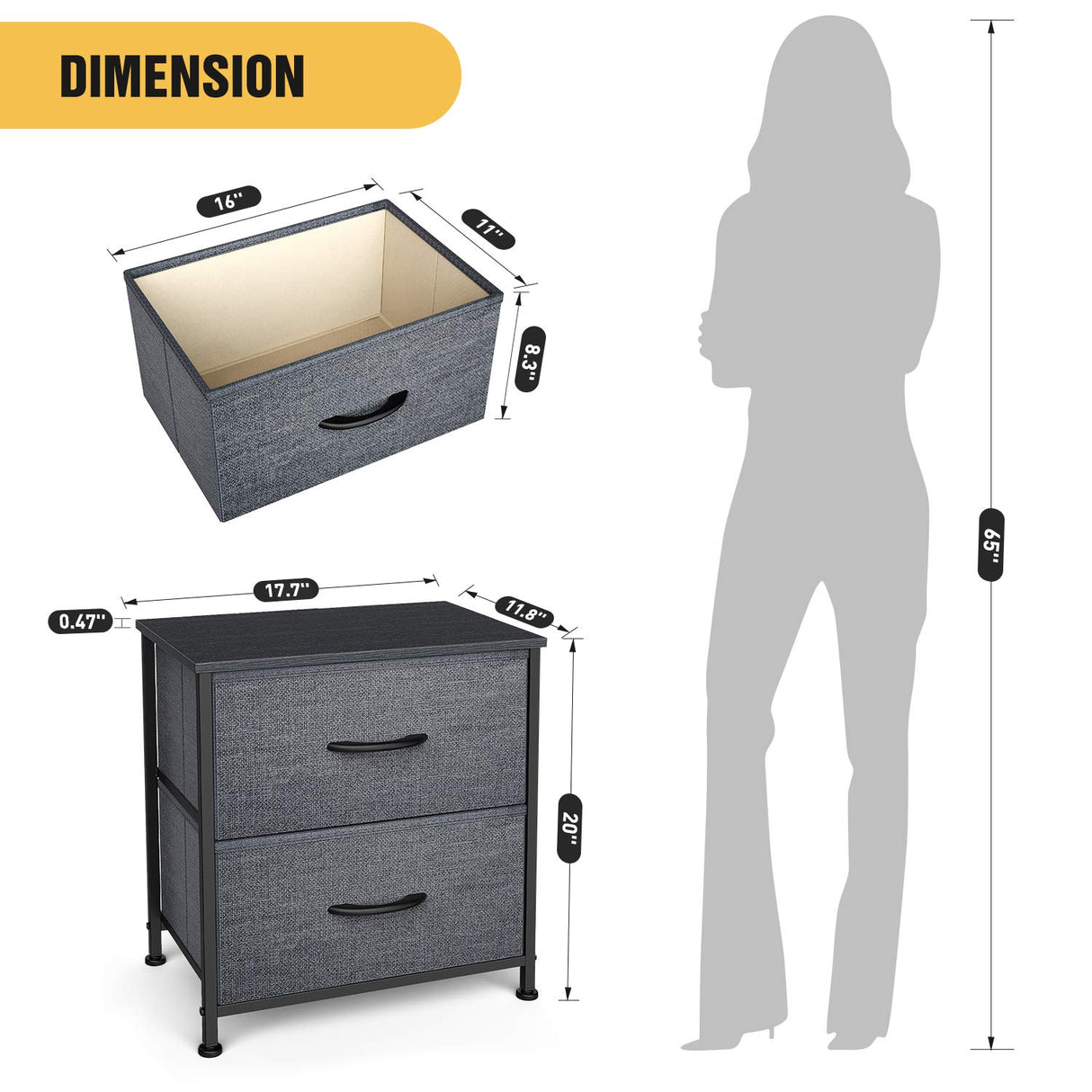 Dressers Dresser for Bedroom Storage Tower with 2 Drawers Fabric Bins Sturdy Metal Frame Wood Top Small Organizer Unit for Guest Room, Closet, Living Room, Hallway, Home Furniture, Office, Dark Gray