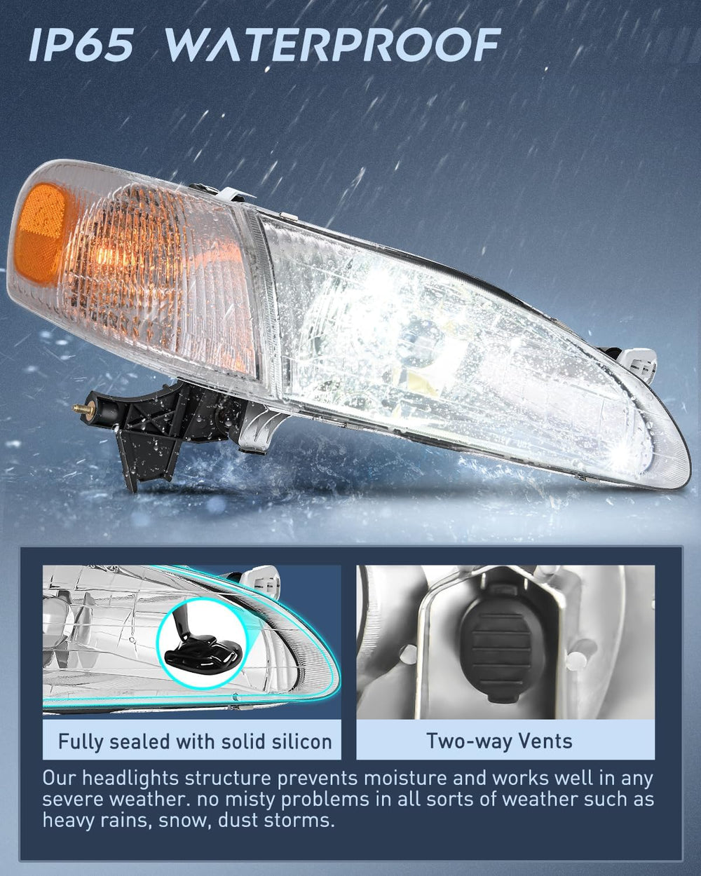 1998-2000 Toyota Corolla Headlight Assembly Chrome Housing Amber Reflector Upgraded Clear Lens Nilight