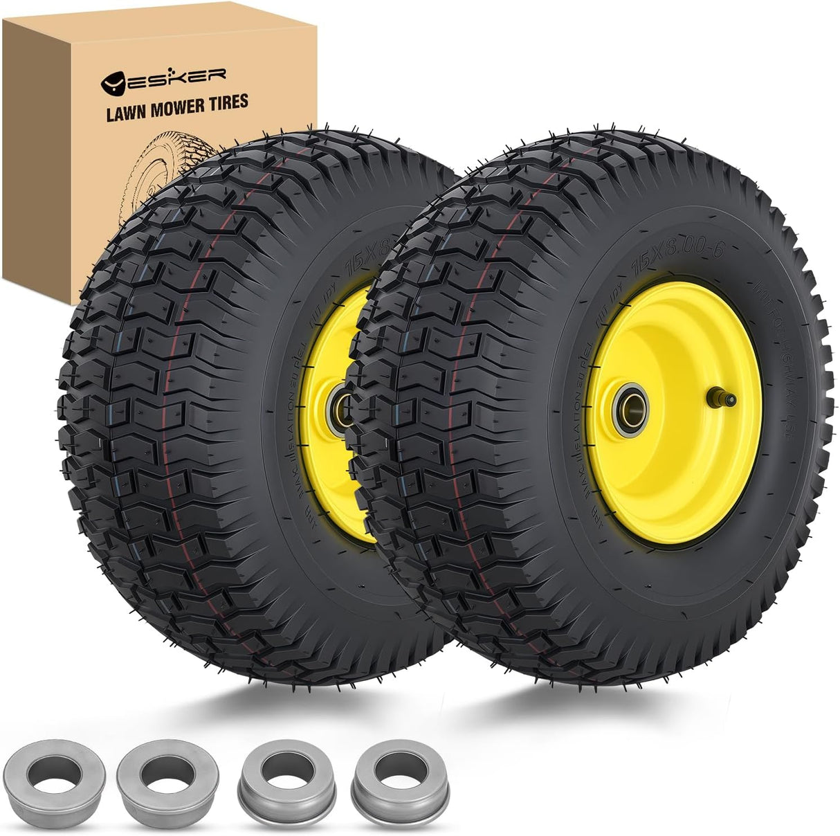 Mower Tires 15x6.00-6 Lawn Mower Tires, 15 Inch Pneumatic Rubber Tire with 3/4 Inch Axle Bore & 3 Inch Hub Length, Air-Filled Replacement Wheels for Riding Lawn Mowers, 2 Pack
