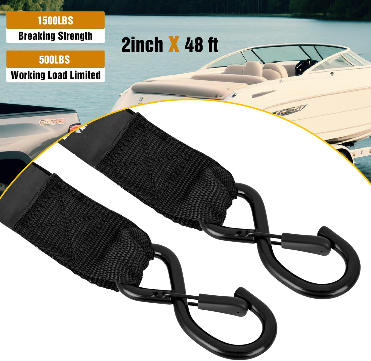 Tie Down Kits 2 PCS 2 Inch x 48 Inch Adjustable Boat Trailer Straps | for Trailering Safety with Boat Jet Ski Kayak Secure Black 1500 LBS Max Break Strength