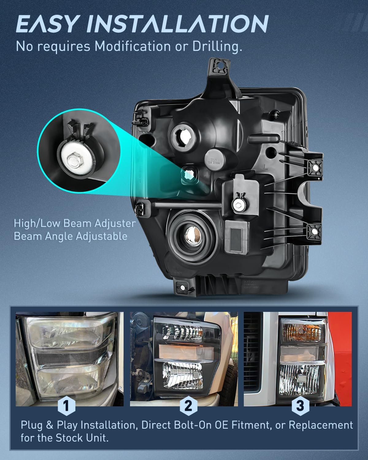 2008-2010 Ford F250 F350 F450 Super Duty Headlight Assembly Black Housing Clear Reflector Clear Lens Nilight