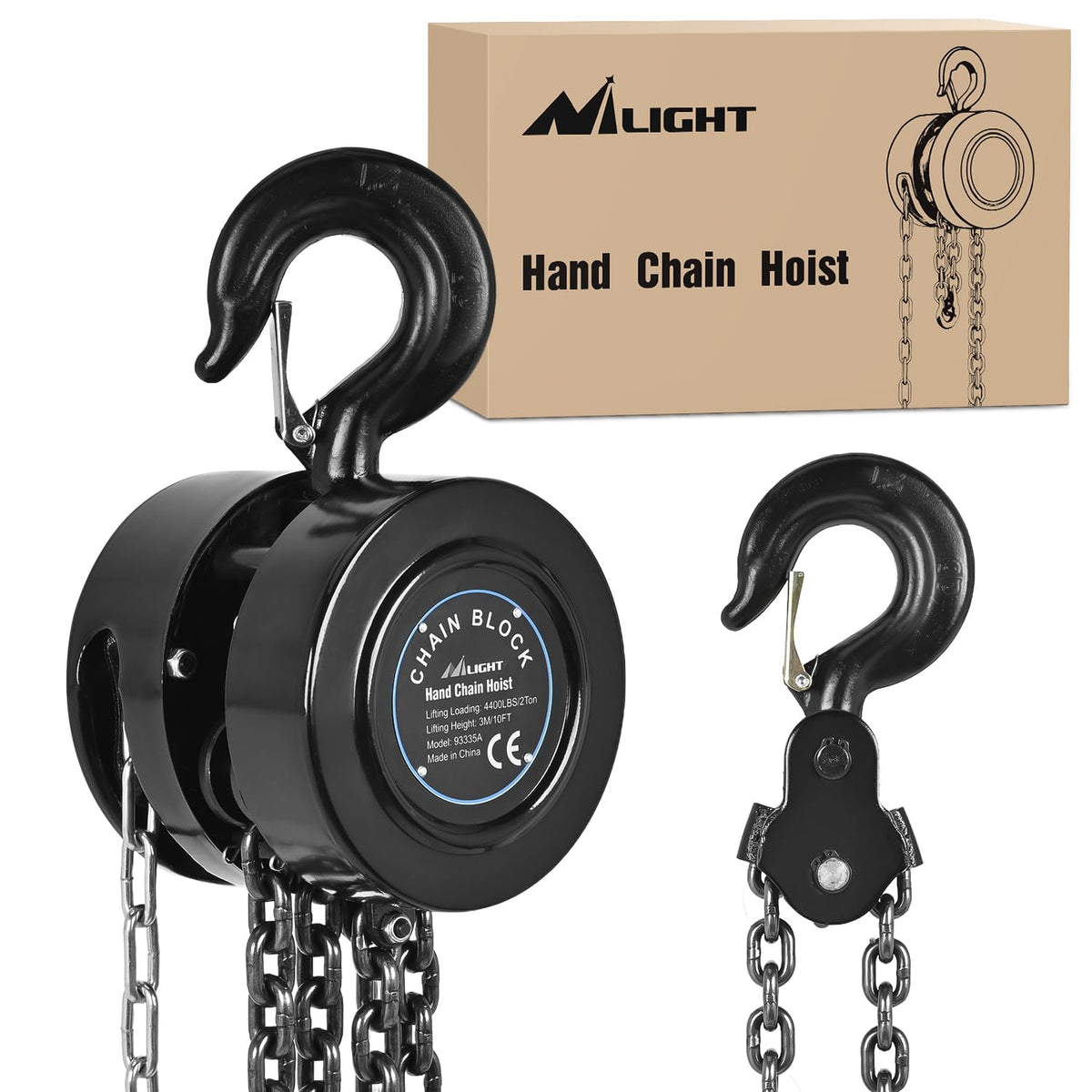 Manual Chain Hoist with Upgrade G70 Galvanized Chain 2 Ton 4400 lbs Capacity 10 ft Lifting Height with 2 Hooks Heavy Duty Pulley Hoist for Garage Warehouse Automotive Machinery