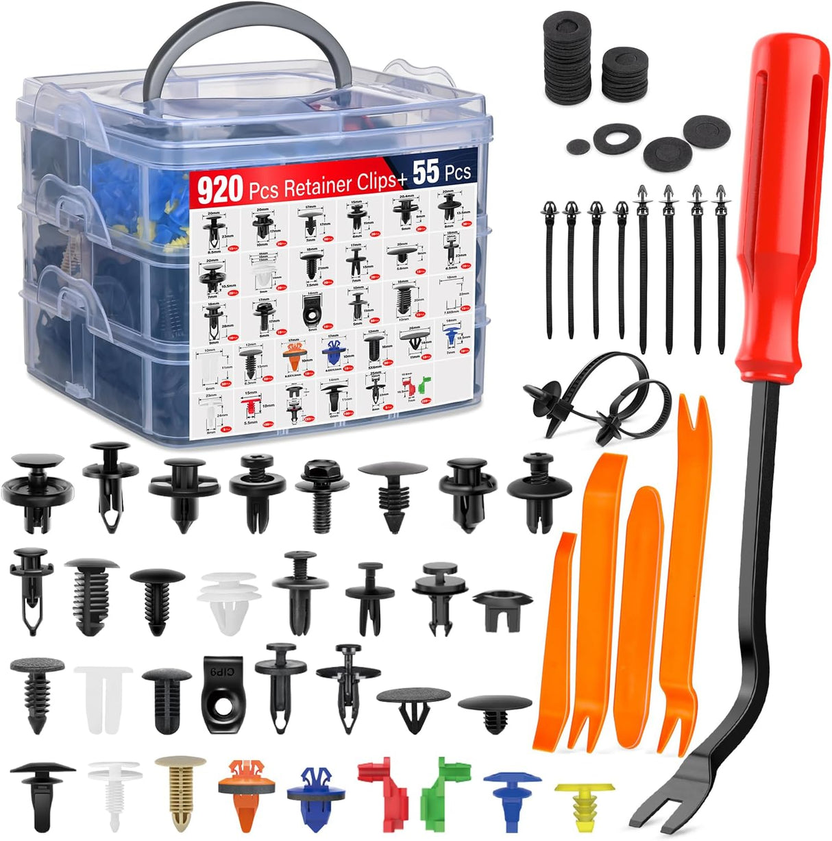 975Pcs Car Push Retainer Clips Auto Fasteners Kit Included 33 Sizes Nylon Bumper Fender Rivets Door Trim Panel Clips with 5 Fasteners Remover 10 Cable Ties for Toyota GM Ford Honda Chevy Audi