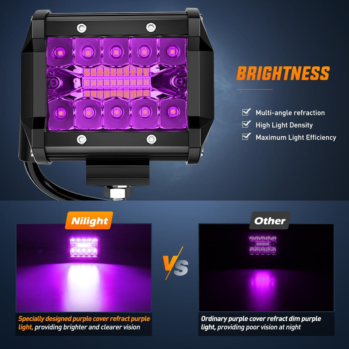 4 Inch LED Light Pods Purple Triple Row 2PCS 60W Flood Spot Combo Off Road Driving Decoration Neon Hunting Lighting for UTV Pick-up Van Boat Tractor