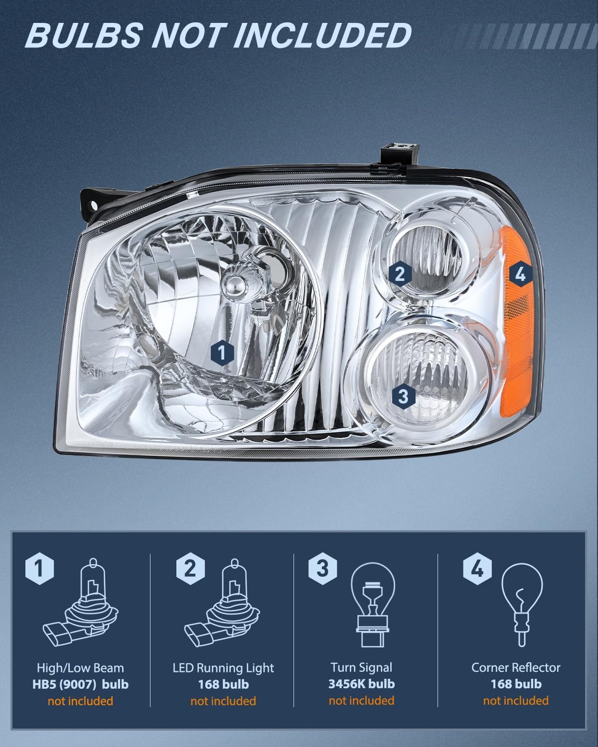 Headlight Assembly Compatible with 2001 2002 2003 2004 Nissan Frontier XE OE Style Replacement Halogen Headlights Chrome Housing Amber Reflector Clear Turn Light Headlamp Passenger and Driver