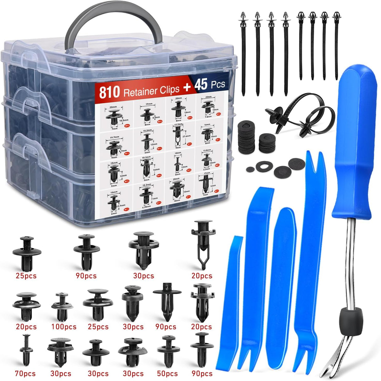 855Pcs Car Push Retainer Clips Auto Fasteners Kit Included 16 Sizes Nylon Bumper Fender Rivets Door Trim Panel Clips with 5 Fasteners Remover 10 Cable Ties for Toyota GM Ford Honda Chevy