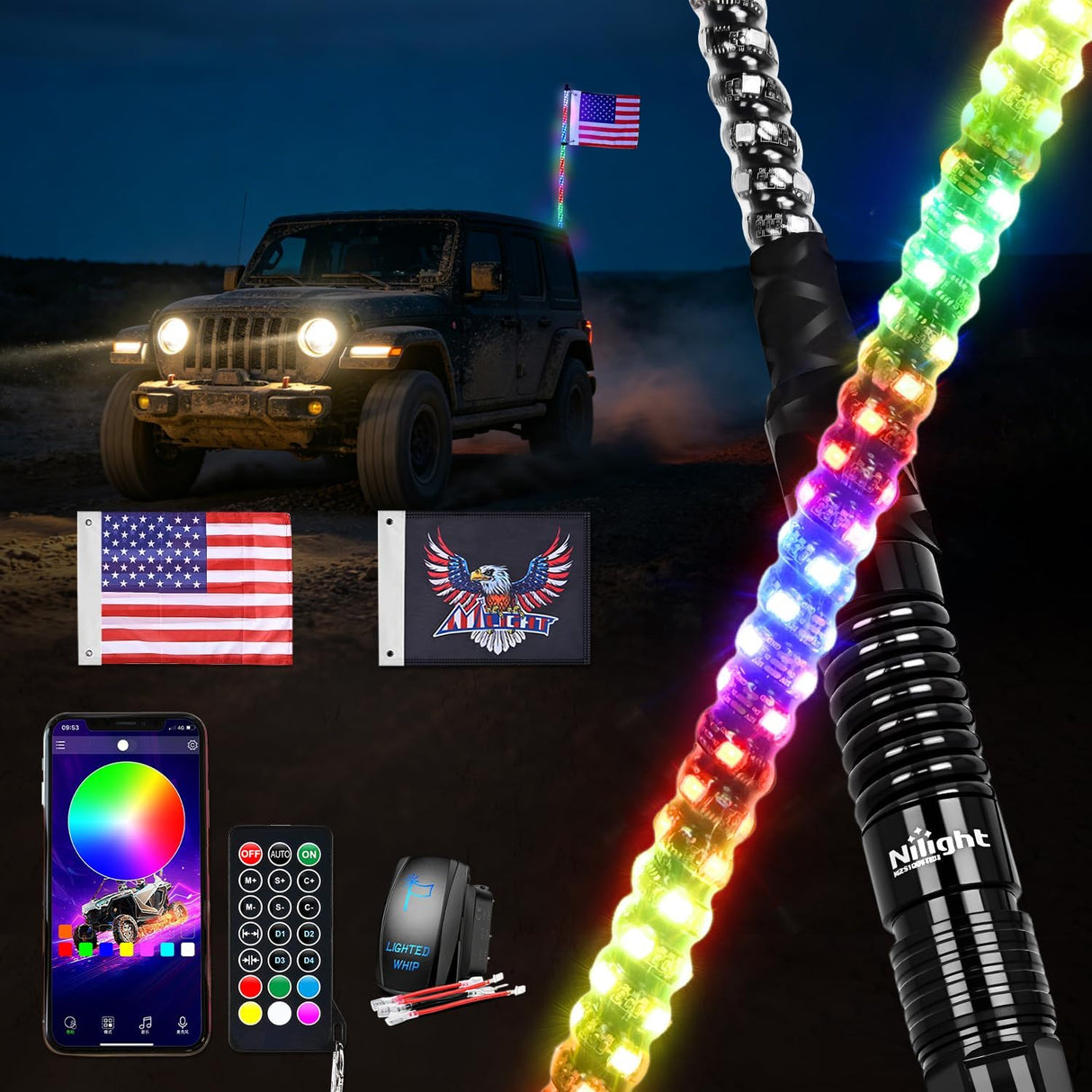 RGB LED Whip Light 1PC 5FT Spiral Antenna Whips | APP and Remote Control with DIY Chasing Patterns Brake Reverse Functions and Spring Base for ATV UTV RZR Can Am and Jeep