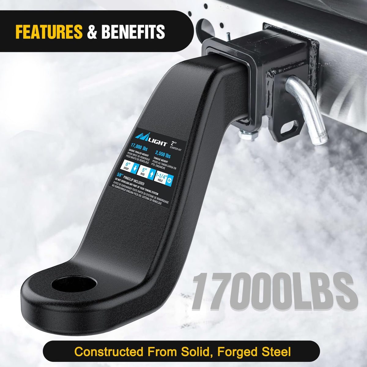 Forged Trailer Hitch Mount Fits 2 Inch Receiver Square 5/8 Inch Hitch Pin Clip 17000 lbs 6 Inch Drop, 1-1/4 Inch Hole, Gloss Black Powder Coat