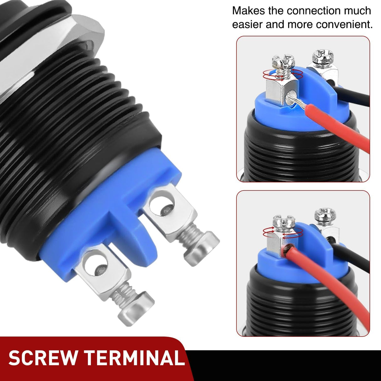 16mm Momentary Push Button Switch 12V Waterproof Black Metal Round Starter Power Switches 2PCS 2 Pin Screw Terminal for Car Truck Horn Boat Marine RV Vehicle