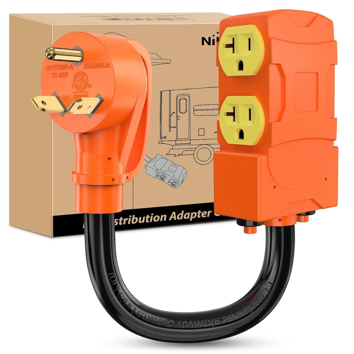 30 Amp to 20 Amp 110V RV Power Adapter Cord with Circuit Breaker NEMA TT-30P Male to 4X 5-15R/5-20R Female RV Distribution Adapter Plug ETL Listed 4 Household Outlets for RVs Camper Generator