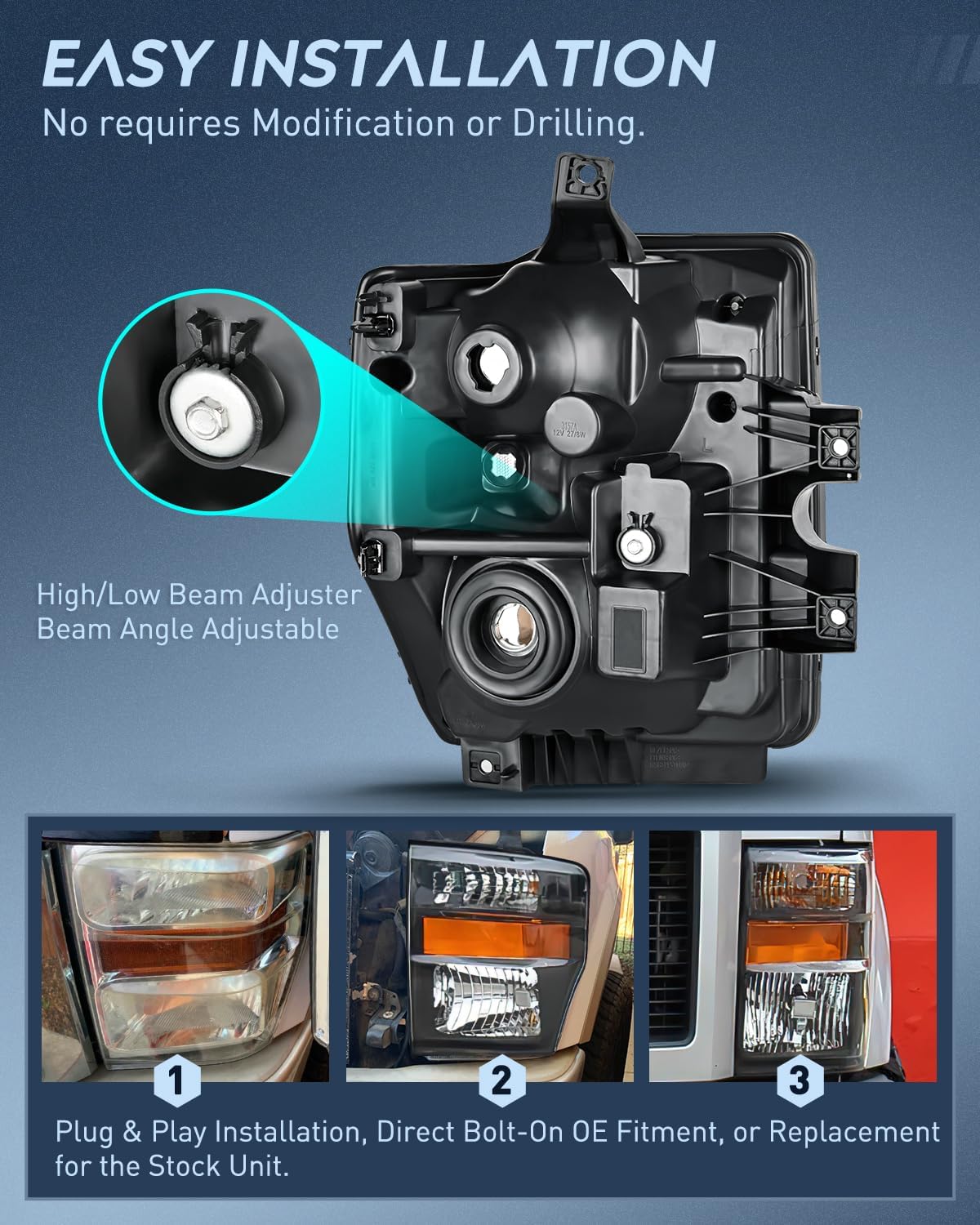 2008-2010 Ford F250 F350 F450 Super Duty Headlight Assembly Black Housing Amber Reflector Upgraded Clear Lens Nilight