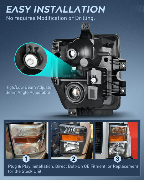 2008-2010 Ford F250 F350 F450 Super Duty Headlight Assembly Black Housing Amber Reflector Upgraded Clear Lens Nilight