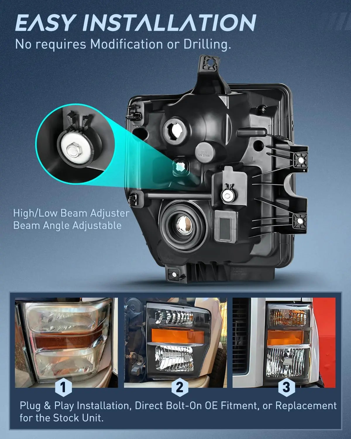 2008-2010 Ford F250 F350 F450 Super Duty Headlight Assembly Black Housing Amber Reflector Upgraded Clear Lens Nilight