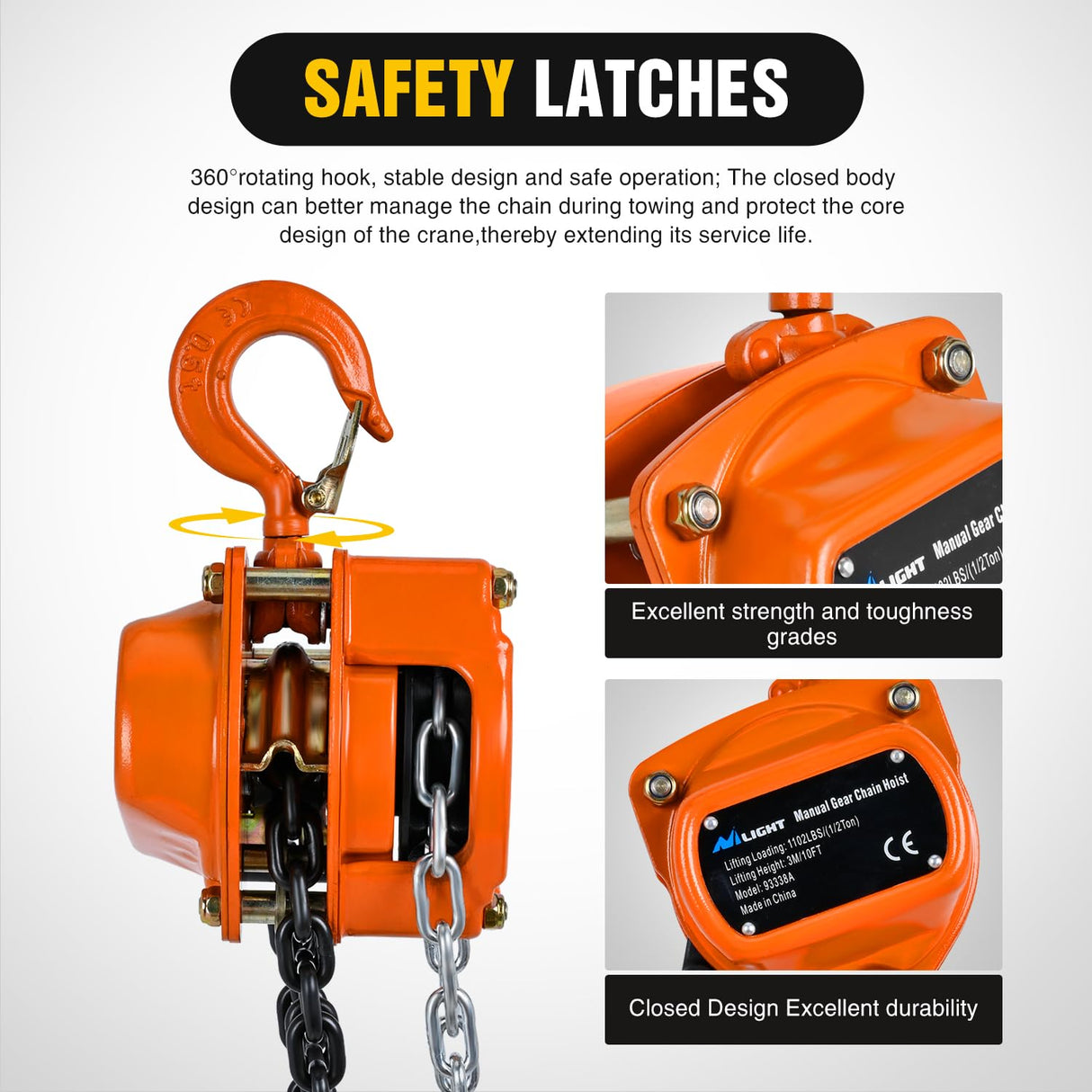 1/2 Ton 1100 lbs Manual Chain Hoist 80 Galvanized Chain 10 ft Lifting Height Industrial Grade Steel Structures for Garages Warehouse Automotive Machinery