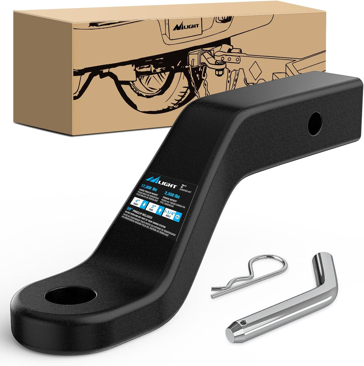 Forged Trailer Hitch Mount Fits 2 Inch Receiver Square 5/8 Inch Hitch Pin Clip 17000 lbs 4 Inch Drop, 1-1/4 Inch Hole, Gloss Black Powder Coat