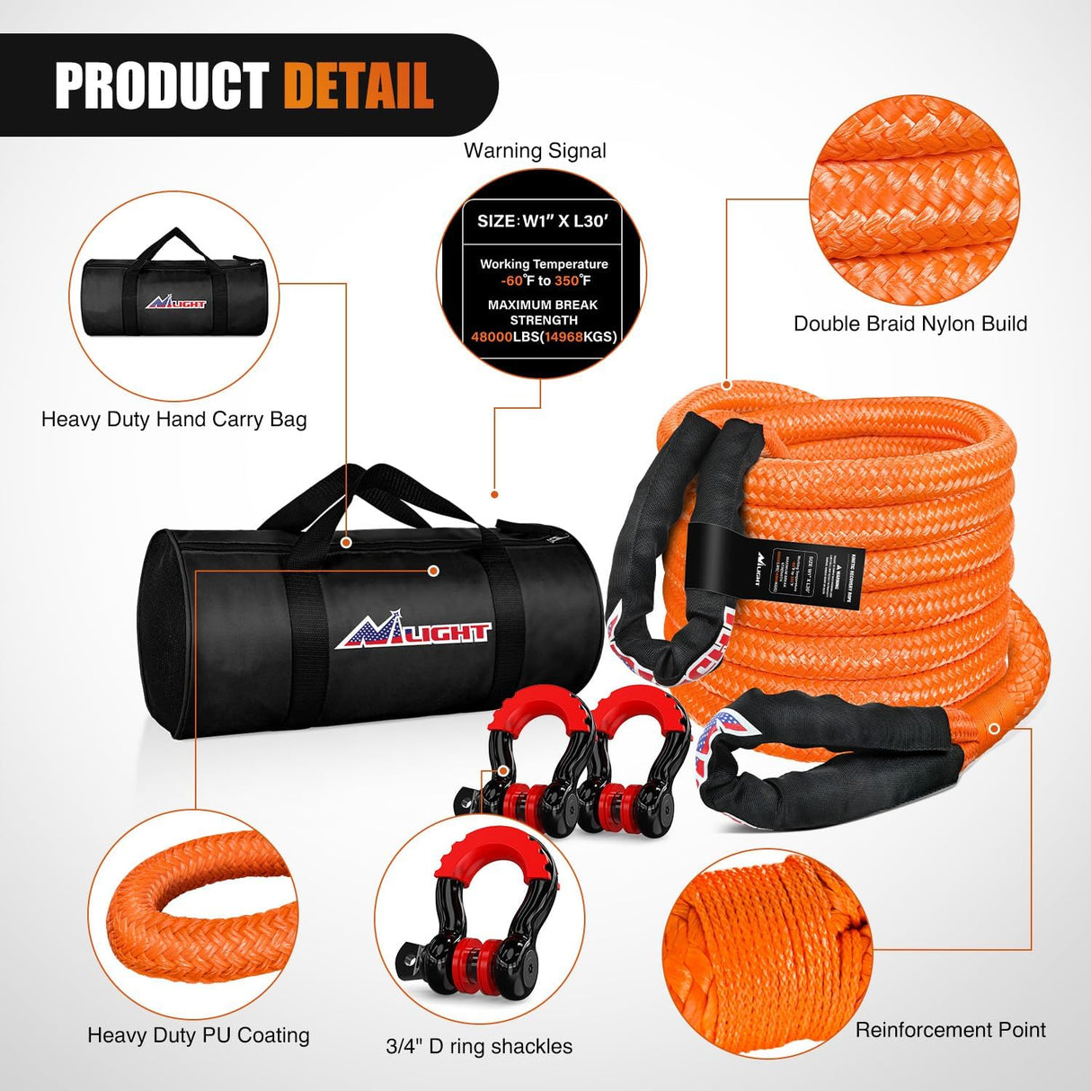 Kinetic Recovery Tow Rope Kit with 3/4 Inch Anti-Theft D-Ring Shackles 1 Inch x 30ft Heavy Duty Offroad Tow Rope Snatch Strap Towing Strap kit 48,000LBS for UTV ATV SUV Truck Car Jeep Tractor