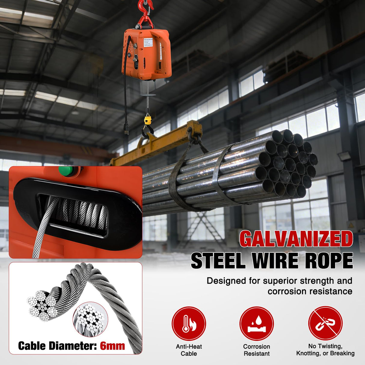 3-in-1 Electric Hoist Winch, 1100LBS 1500W Portable Power Winch Crane with Manual Wired Wireless Remote Control, 110V Electric Hoist 25FT Lifting Height for Garage Warehouses Factories, Orange