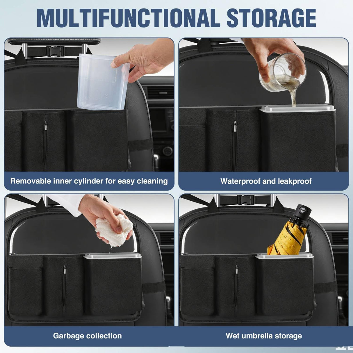 Car Seat Back Organizer 2PCS Black PU Leather Universal | Removable Inner Bucket Tissue Box Mesh Pockets Waterproof Hanging Storage Bag for Cars Vans SUVs MPVs Pickup Trucks