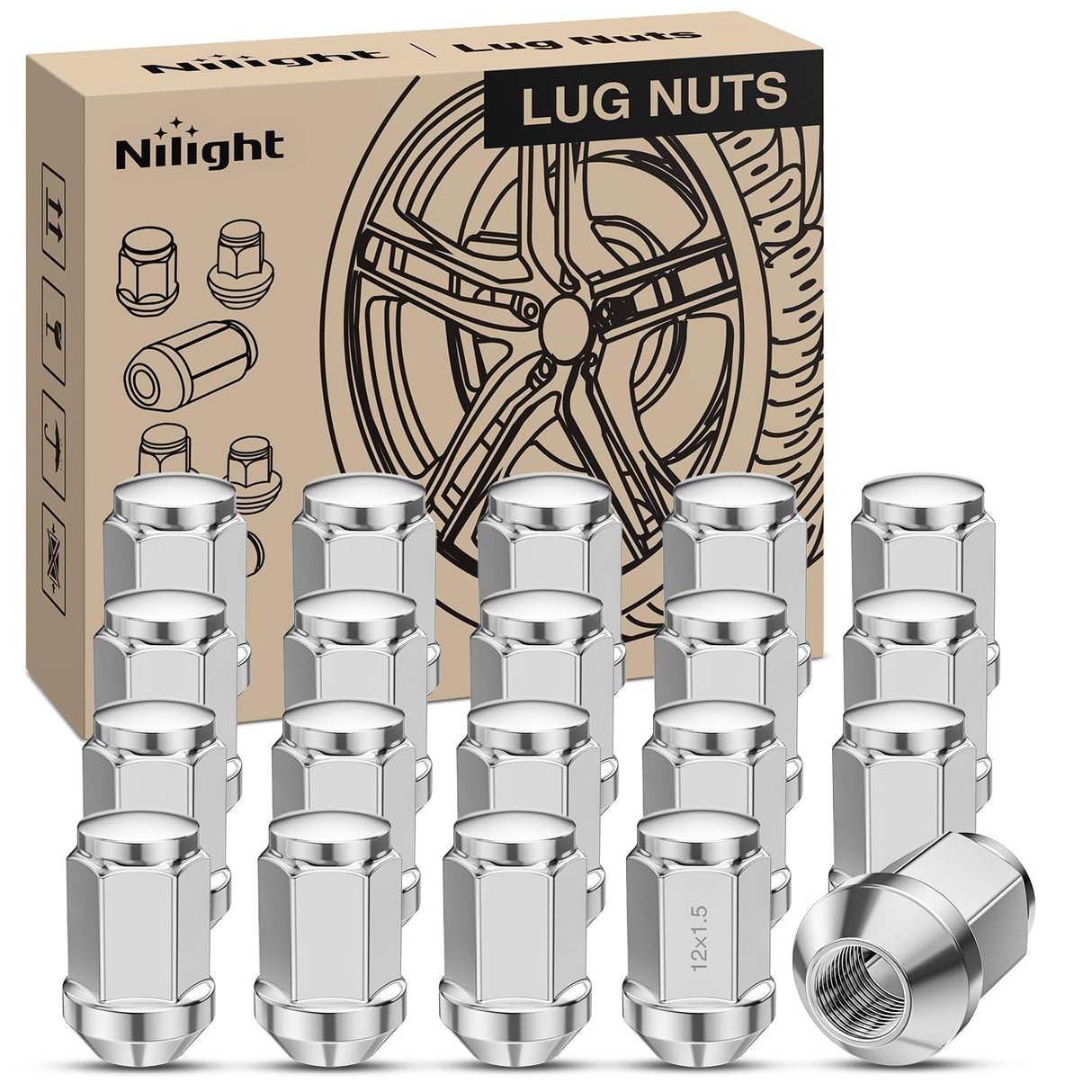 20PCS M12X1.5 Lug Nuts Compatible with 2001-2023 Ford Escape | for 2000-2018 Focus 2006-2020 Fusion, Honda Aftermarket Wheels One-Piece Solid Chrome Steel Wheel Nuts Replace