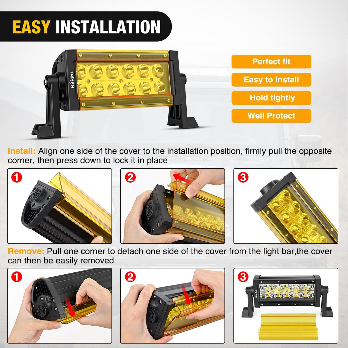 7.5 Inch 36 W Spot LED Light Bar Yellow Cover | Protective Durable Polycarbonate Lens, Waterproof Dustproof Scratch-Proof for Double Row Side-Mounted Bumper Driving Fog Lamp