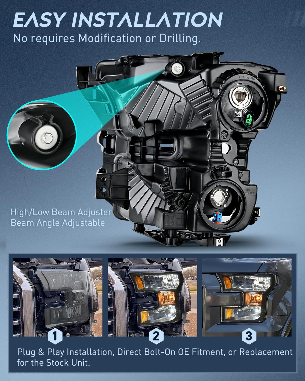 2015-2017 Ford F150 Headlight Assembly Black Housing Amber Reflector Upgraded Clear Lens Nilight