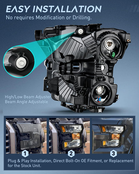 2015-2017 Ford F150 Headlight Assembly Black Housing Amber Reflector Upgraded Clear Lens Nilight