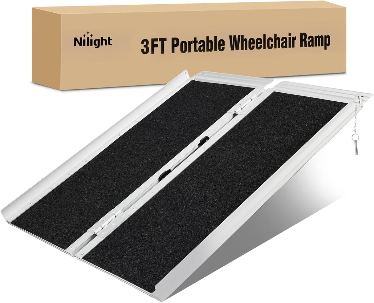 3 Feet Portable Wheelchair Ramp with Quick-Lock Non-Skid Aluminum | Handicap Ramps with Handle Folding Threshold Ramp for Home Steps, Stairs, Doorways, Scooter, Porch, Cart 800LBS Capacity