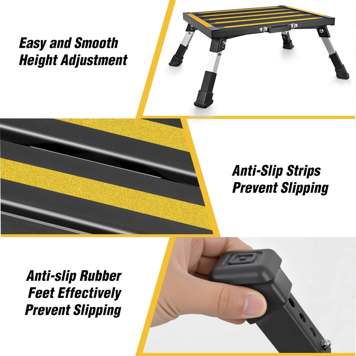RV Step Stool Aluminum Folding Platform Steps 19x14.5 RV Steps 4 Levels Adjustable Heavy Duty Step Stool with Anti-Slip Surface Rubber Feet Portable Handle 500lbs for Camper Trailer, Black