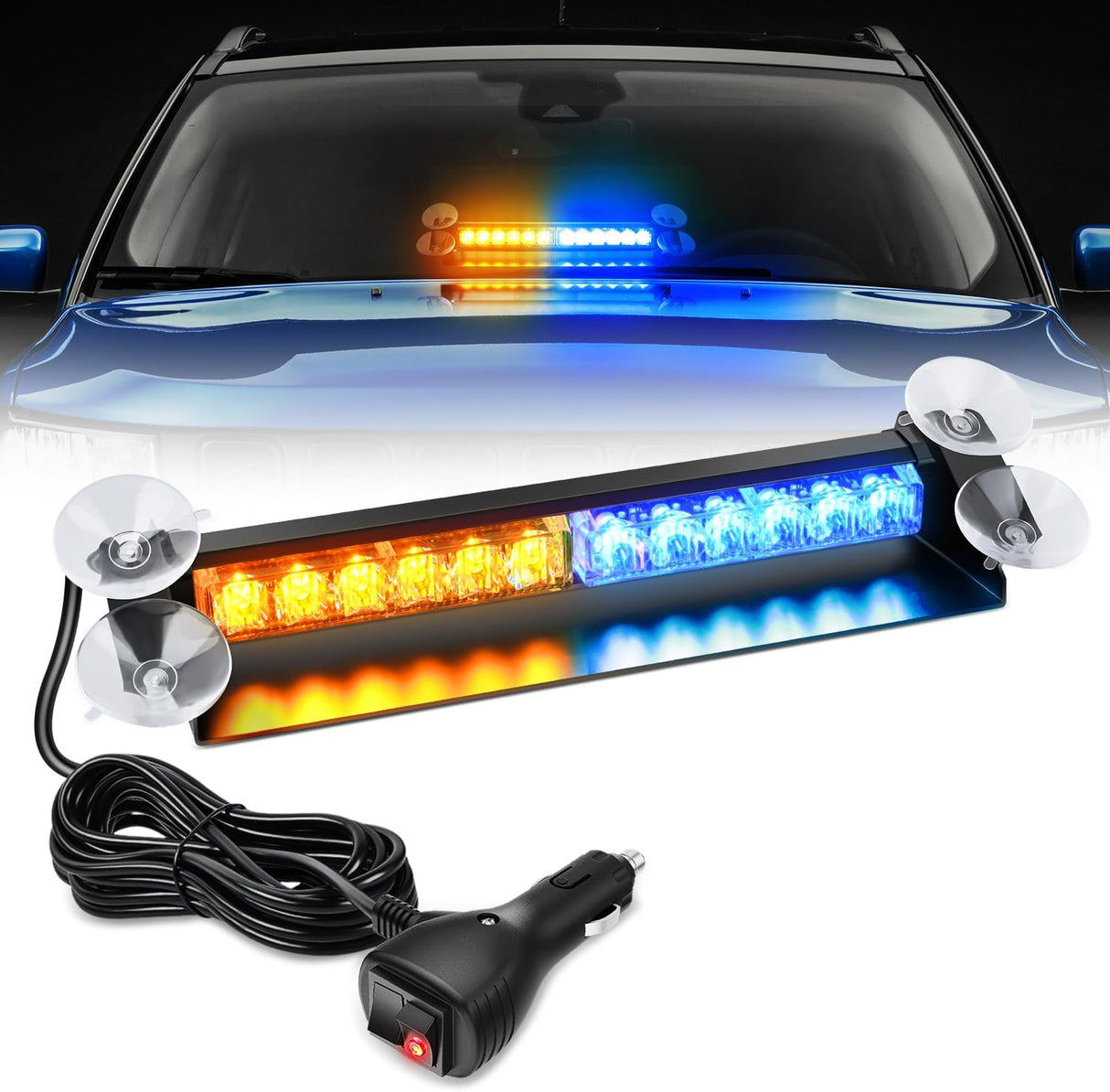12LED Traffic Advisor Strobe Light Bar Amber Blue Emergency Warning Hazard Safety Dash Front/Rear Windshield Flashing Lights for Cars Trucks Police Firefighter Plow Construction Vehicles