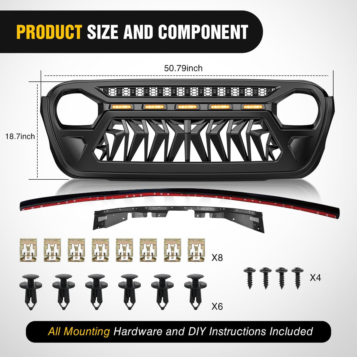 Front Grille Cover for 2018 2019 2020 2021 2022 2023 2024 2025 Wrangler JL and Gladiator JT with LED Amber Lights Matte Black