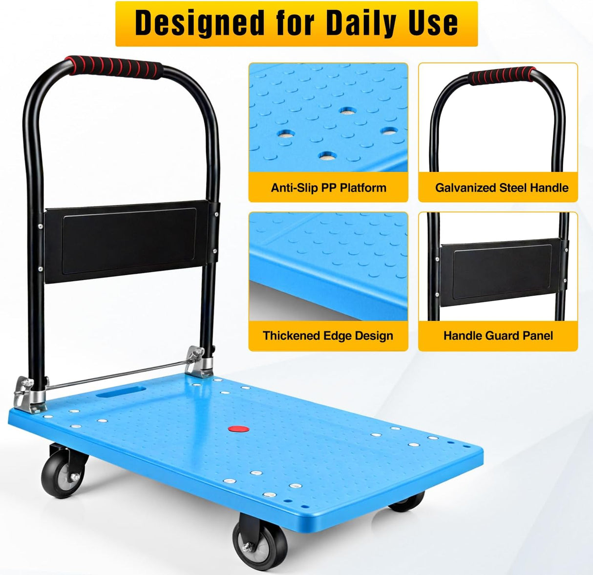 Platform Cart 880 lbs Heavy Duty Push Cart Dolly with 5 Inch TPR Wheels 36 x 24 Inch PP Deck Flatbed Cart Platform Truck for Home Garage Warehouse Use Black