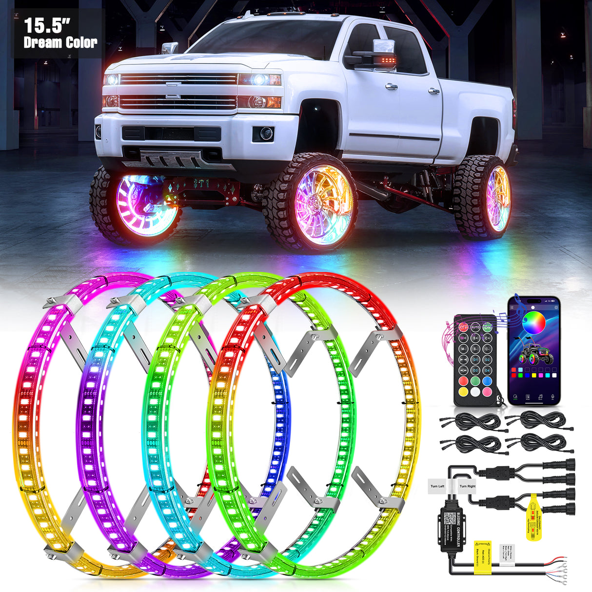 Nilight 4PCS 15.5inch Double Row Wheel Ring Lights Dream Color with APP and Remote Control Neon Lights w/Turn Signal and Braking Function Dual Row for Car Van SUV Truck