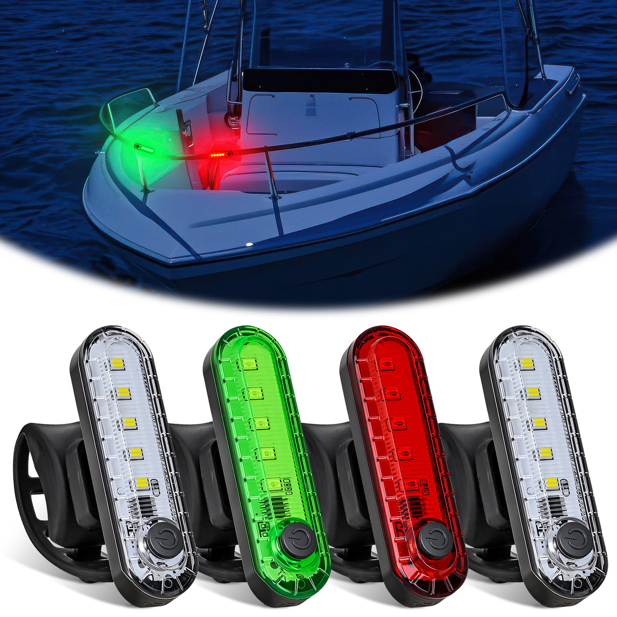 Marine Boat Navigation Light 4PCS Red Green Port Starboard White Stern Lights Four Mode Waterproof Rechargeable Warning Safety Lamp for Skeeter Yacht Pontoon Trailer Truck Bike Backpack Helmet